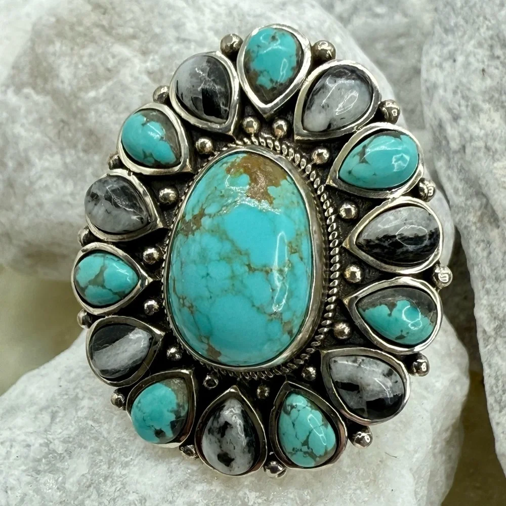 NWT Sierra Nevada Turquoise & White Buffalo Halo Ring 12.90ctw Sterling Silver 8
